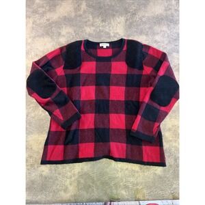 Orvis Sweater Women's Size L Wool Cashmere Leather Patch Padded Buffalo Plaid